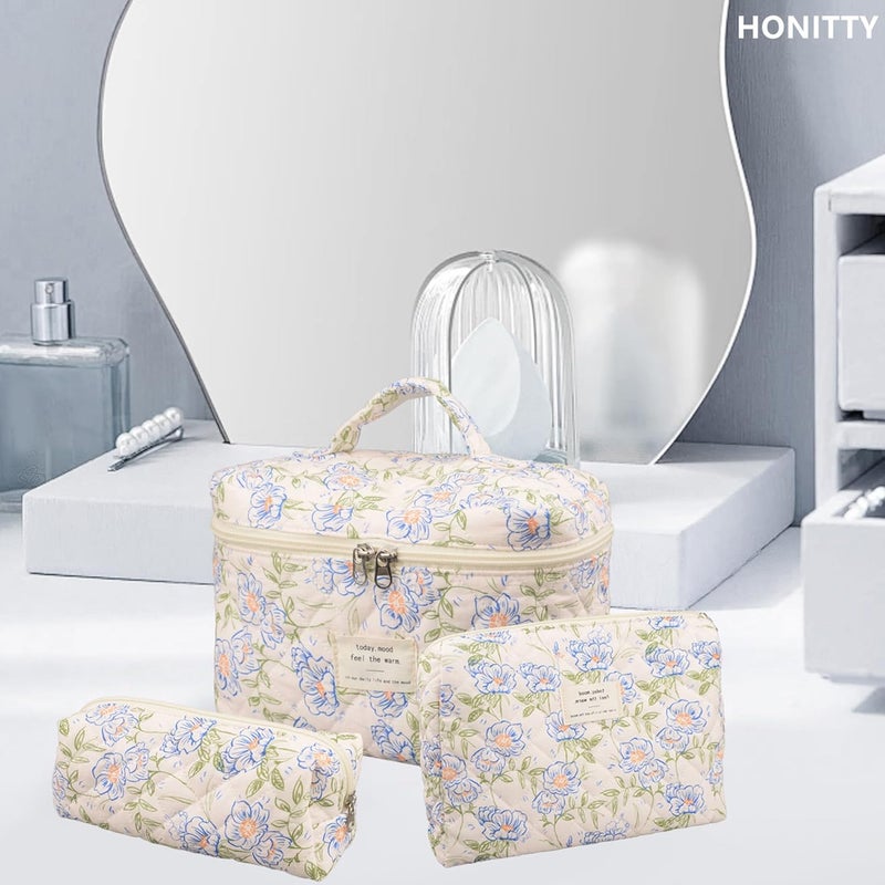 honitty Makeup Bag,Quilted Cosmetic Bags,Large Floral Make Up Organize bag,Makeup Bag Set for Women,Flower Travel Toiletry Bag - Image 5